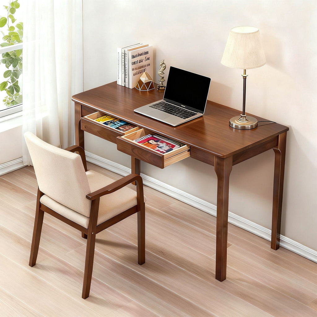 Desk With Drawers, Smooth Edge Design - Walnut