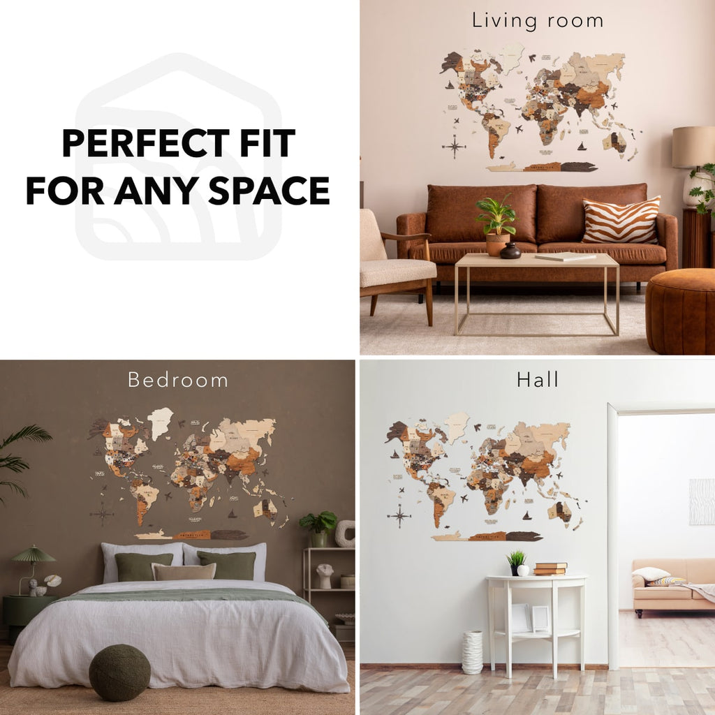 3D Wooden World Map Multicolor