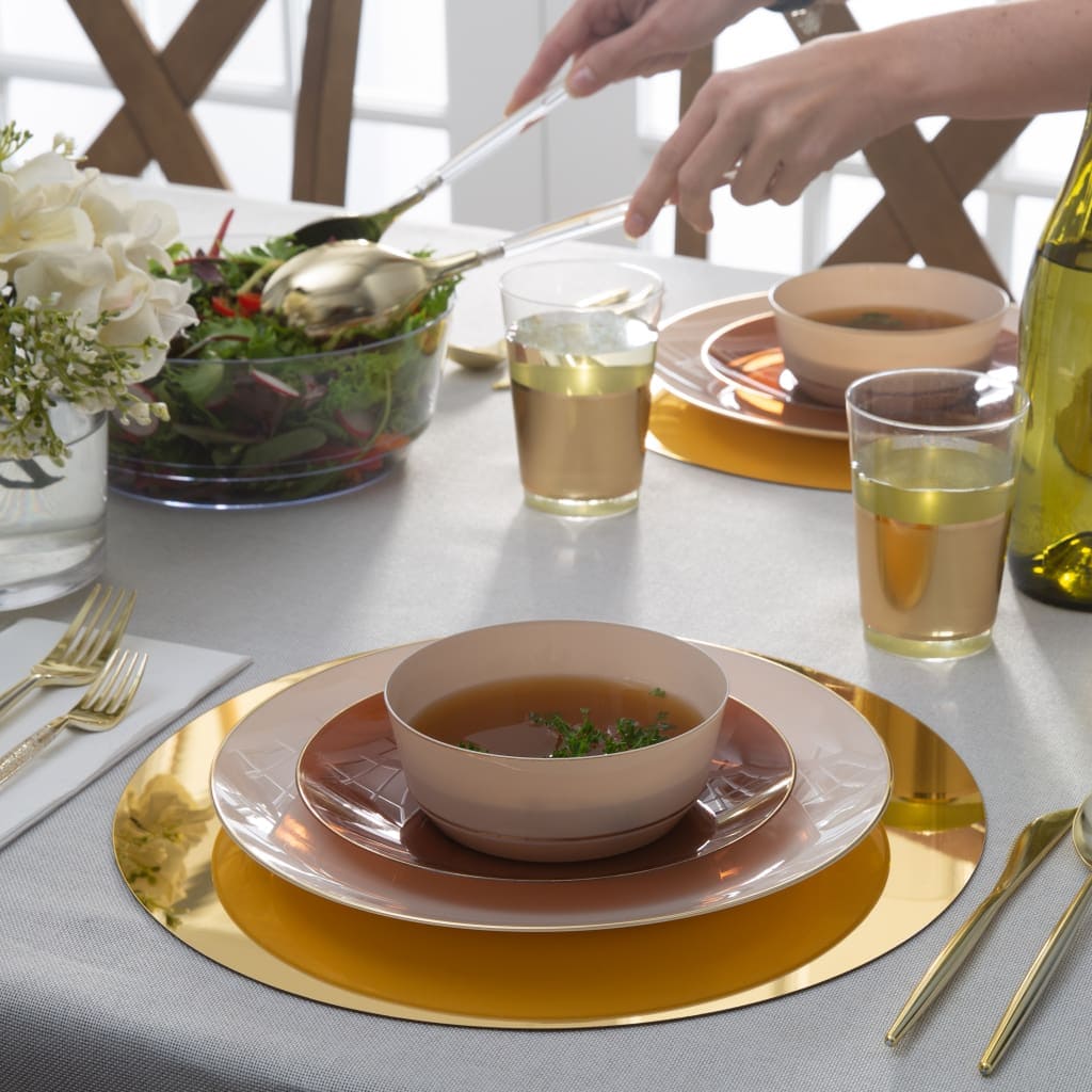 14 Oz. Round Linen and Gold Plastic Soup Bowls | 10 Pack
