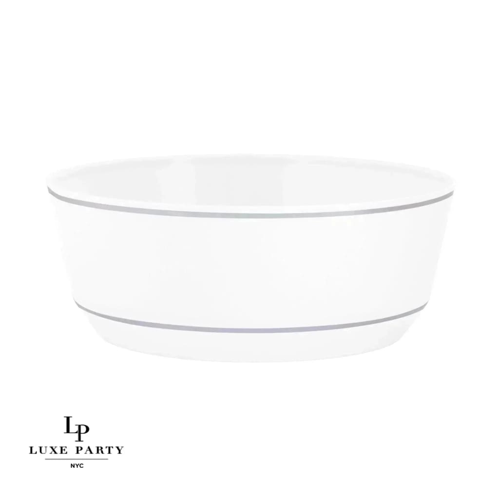 14 Oz. Round White and Silver Plastic Soup Bowls | 10 Pack