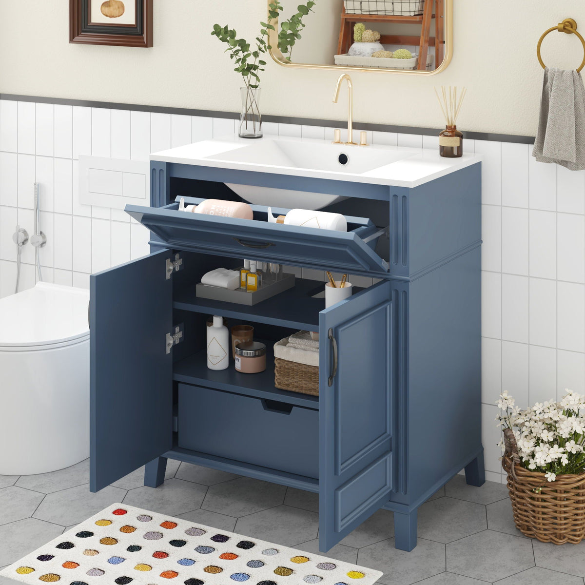 Bathroom Vanity With Sink Storage Cabinet - Blue