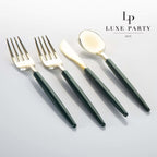 Emerald and Gold Plastic Cutlery Set | 32 Pieces